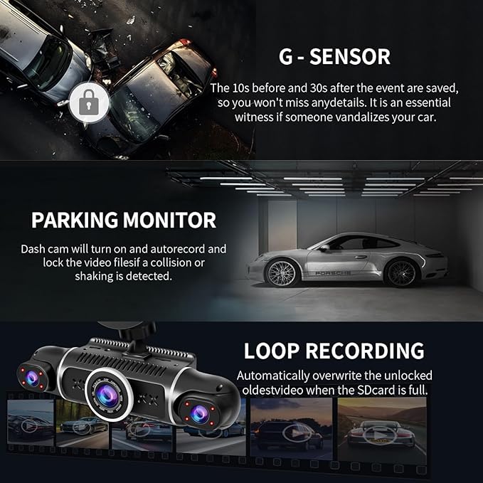 360° Dash Cam Front and Rear View 4 Channel Dash Camera FHD 2K+1080Px3 for Car, Inside/Back 170°+2x150°+170° Wide Angle, 8 IR
