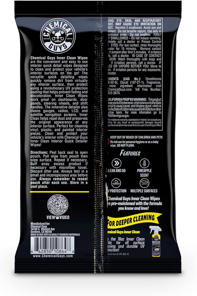Chemical Guys InnerClean Interior Quick Detailer & Protectant Wipes – 50 Pack Multi Surface Interior Cleaner Wipes for Dashbo