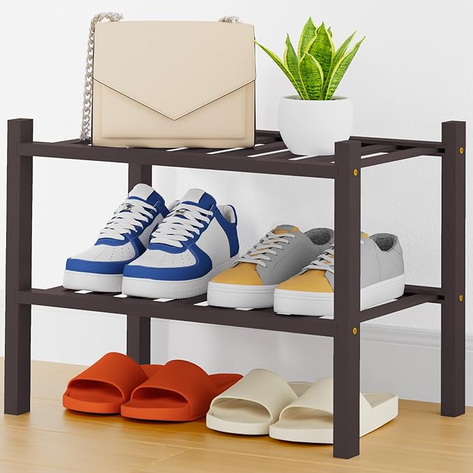 Smiry Shoe Rack, 2 Tier Thick Small Bamboo Shoe Organizer, Stackable Free Standing Wooden Shoe Storage Shelf for Closet, Entr