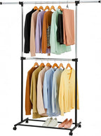 Displays By Jack Double Rail Clothes Rack, Adjustable Rolling Garment Rack on Wheels – Extendable Hanging Rods & Bottom Shelf