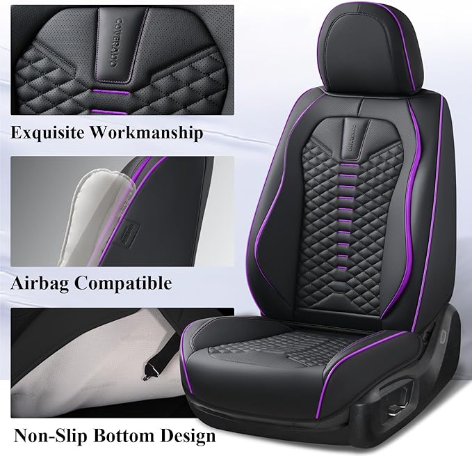 Coverado Car Seat Covers Front Seats, Nappa Leather Black&Purple Car Seat Cover, Automotive Seat Covers, Waterproof Driver Se