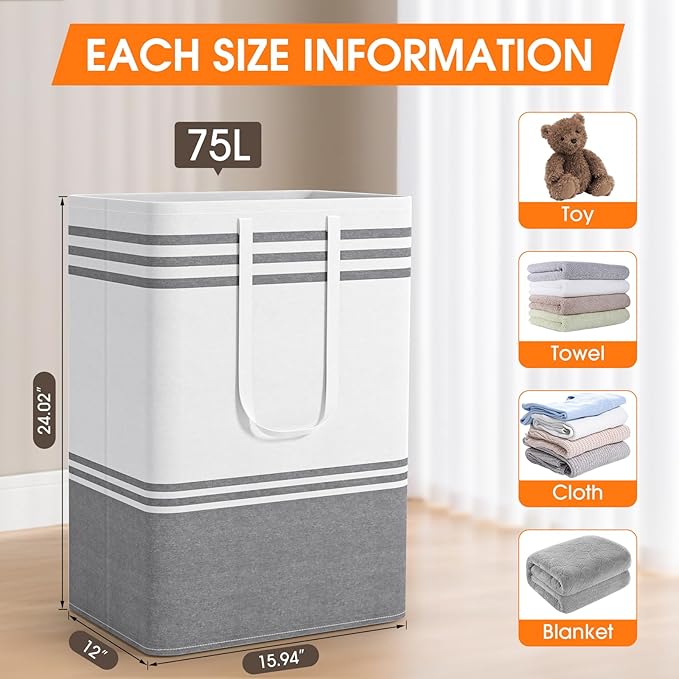 3 Pack Large Laundry Baskets, Laundry Hampers, Freestanding Waterproof Collapsible Clothes Bag with Extended & Reinforced Han