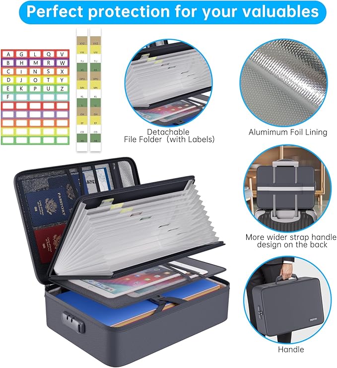 ENGPOW 5200℉ Fireproof File Organizer Bag with 13 Pocket Accordion File Folder,Document Organizer Box with Lock&Labels,Multi-