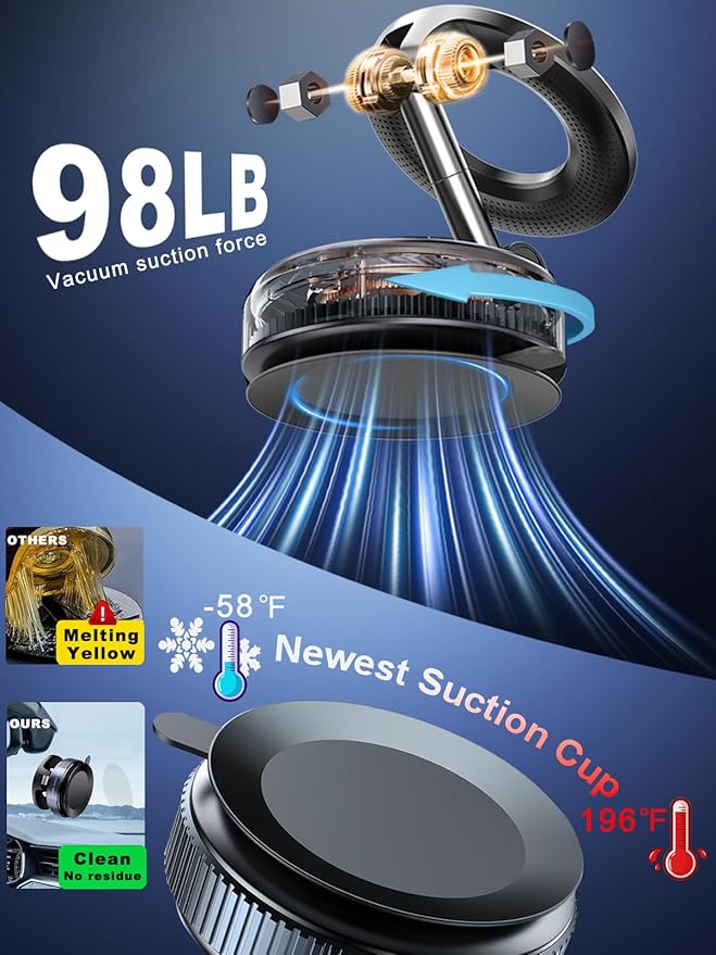 Upgraded 360° Vacuum Magnetic Phone Holder, Magnetic Car Phone Mount, Hands-Free Suction Cup Phone Holder for Car/Gym/Mirror/Shower, Car Mount Compatible with iPhone 17 Pro Max/Android