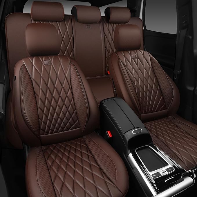 CAR PASS Piping Luxury Faux Leather Seat Covers Full Set, 5 Seats Anti-Slip Waterproof Seat Covers Compatible with Front Armr