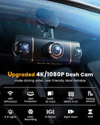 4 Channel 360° Dash Cam Front Rear Inside & Left Right,4K+1080P*3 FHD Car Camera,5GHz WiFi & App Control,8 IR Lamps Night Vis