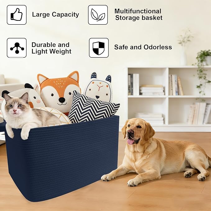 96L Large Blanket Basket,24"x16"x15"Rectangle Storage Bin with Handles,Woven Rope Laundry Basket for Toys, Clothes,Magazines,