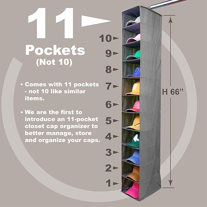 Perfect Curve 11-Pocket Hanging Baseball Hat Organizer - Gray Hat Storage Rack for Closet, Holds Up to 100 Caps. Also store s