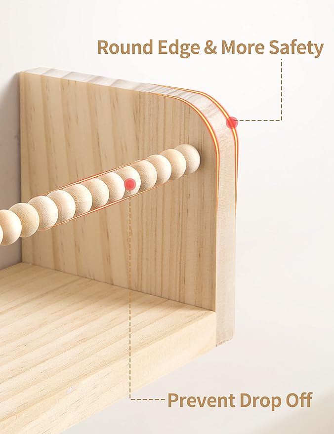 Maxpeuvon Nursery Floating Shelves for Wall, Set of 3 Book Shelves Natural Wood Wall Mounted Organizer with Towel Bar Hanging