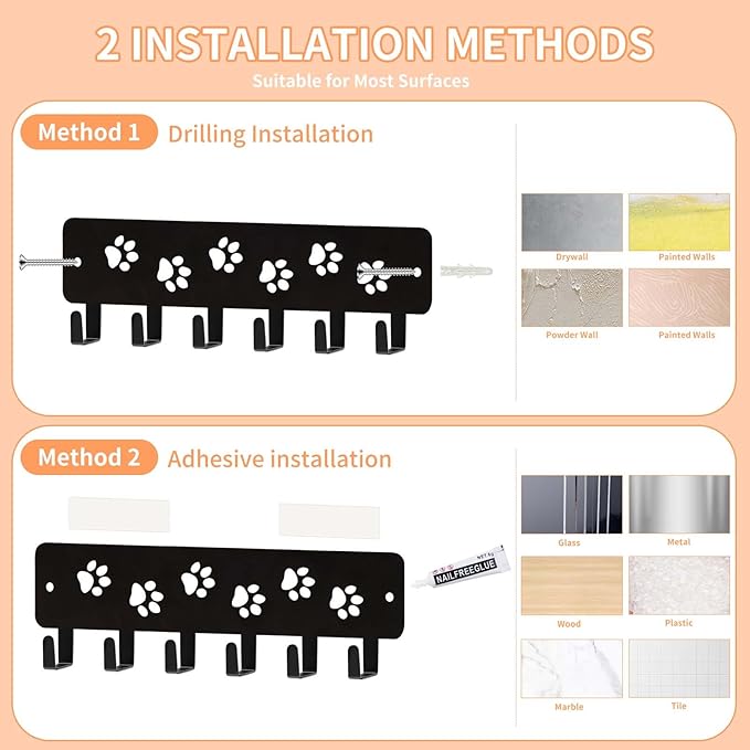 Key Hooks Key Holder Decorative Dog Leash Holder for Wall, 6 Hooks 9.75×2.73 inch for Wall Decorative Animal Storage Rack Adh