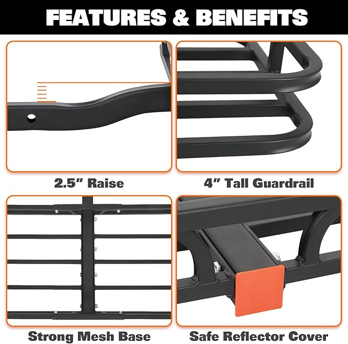WEIZE 53" x 19" Hitch Mount Cargo Carrier Basket 500LB Capacity with Hitch Stabilizer, Waterproof Bag, Net & Straps, Fits 2" Receiver for Car SUV, Steel Construction