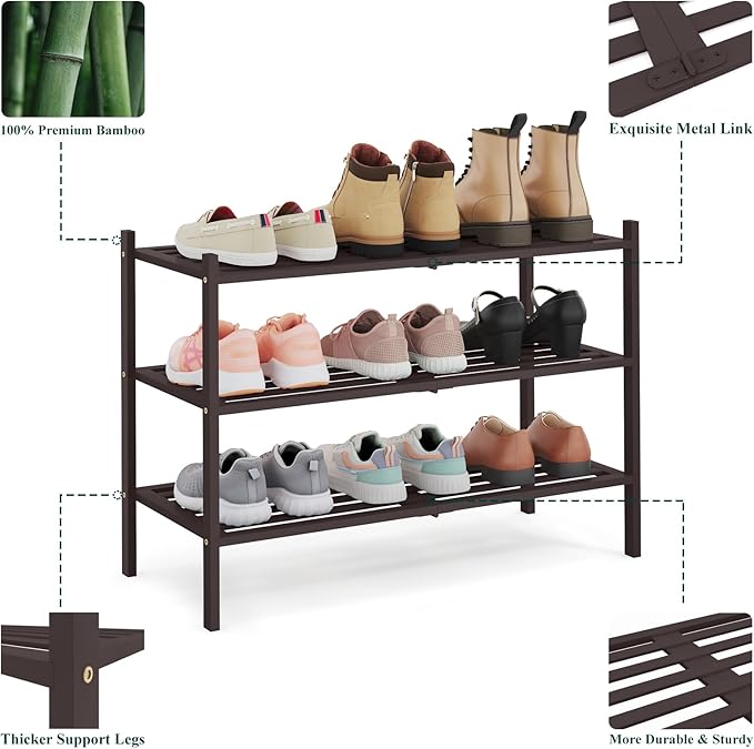 Smiry Bamboo Shoe Rack 3-Tier, Stackable Wooden Shoe Organizer for Entryway & Closet, Free Standing Wood Shoe Storage Shelf f