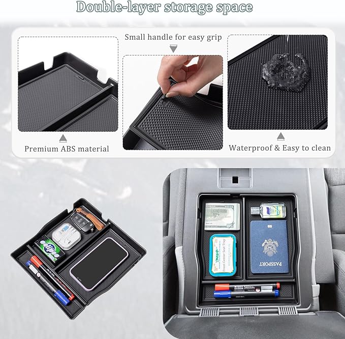 JDMCAR Front Center Seat Organizer Compatible with 2015-2024 2025 Ford F150 Accessories, 2017-2025 F250 F350 F450 with 40/20/40 Jump Seat,Storage Box with Non-Slip Silicone Mat(Jump Seat Only)