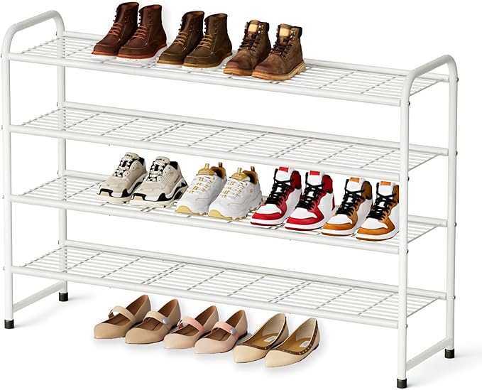KEETDY 4-Tier Long Shoe Rack for Closet Floor, Wide Shoe Organizer Storage, Stackable Shoe Rack for Entryway Metal Shoe Shelf