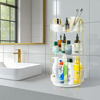 360 Rotating Makeup Organizer - Large Capacity Spinning Perfume & Cosmetic Skincare Holder for Countertop (Pearl White, 3 Tie