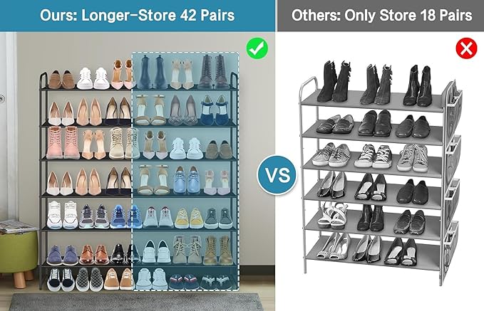 KIMBORA 6 Tier Long Shoe Rack, Wide Shoe Storage Organizer Sturdy Sneaker Shelf for Floor, Bedroom 42 Pairs (Black)