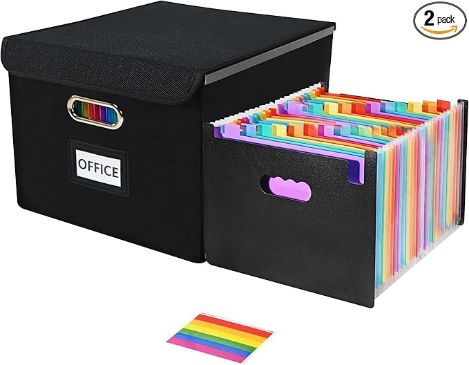 File Organizer Box with Folder, Accordion File Organizer 25 Pockets, File Folder Organizer with Lid for Home, Office, School,