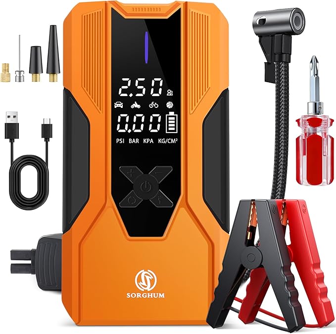 Sorghum Battery Jumper Starter Portable - 8000A Car Battery Jump Starter with Air Compressor, 150PSI Jump Box with Tire