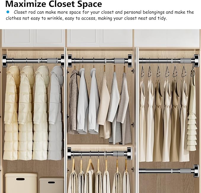 Adjustable Telescopic Closet Rod, No-Drill Pressure Mount Hanging Bar, Space-Saving Extendable Wardrobe Rail for Clothes (Gre