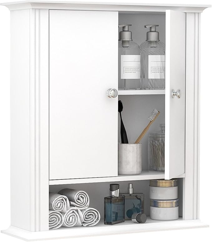 White Bathroom Wall Cabinet, Over the Toilet Storage Cabinet, Bathroom Cabinet Wall Mount, 2 Doors & Hooks, Medicine Cabinet 