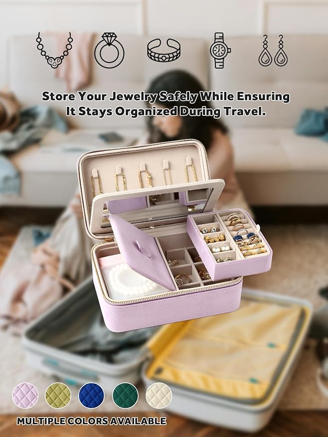 Velvet Travel Jewelry Box with Large Mirror, Double-Layer Jewelry Organizer Case for Women and Girls, Portable Storage Case w