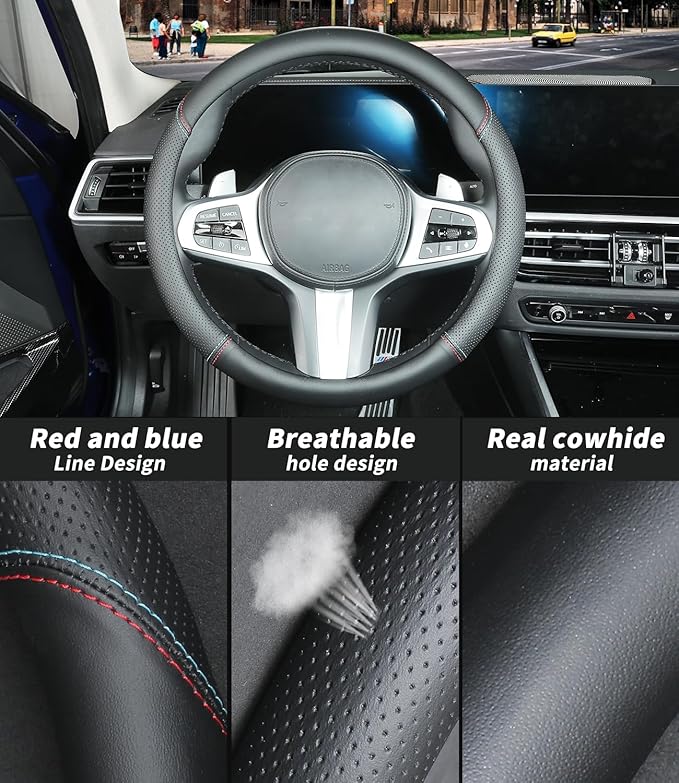 Custom-Fit for Hon-da Steering Wheel Cover, Genuine Leather Steering Wheel Cover, Non-Slip, Breathable, for Hon-da Accessories (Black (red Blue line), for Honda)