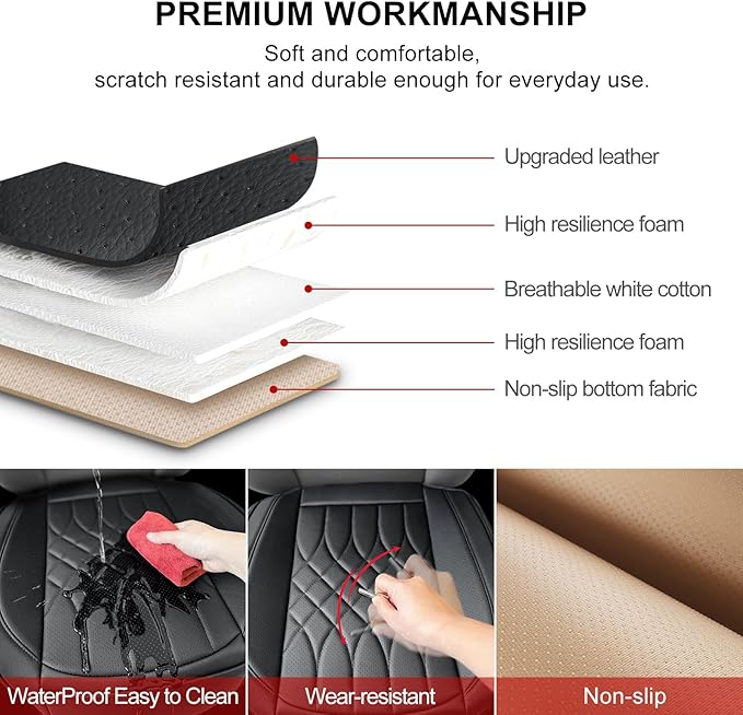 1-Pack Leather Front Car Seat Covers - Bottom Car Seat Covers Fully Wrapped, Non-Slip and Waterproof, Fits Most Vehicles Blac