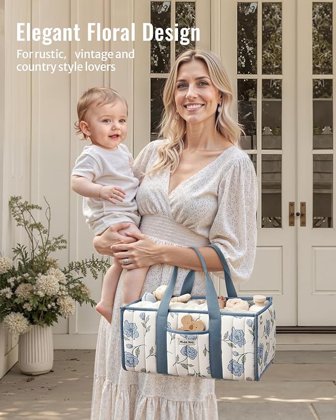 Blissful Diary Floral Diaper Caddy Organizer, Stylish Nursery Storage Basket, Gift for Baby Shower, Newborn Essentials, Peony