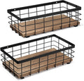 TJ.MOREE Small Metal Wire Basket, Decorative Wood Base Organizer for Bathroom, Kitchen, Basket for Toilet Paper Storage, Suga