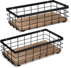 TJ.MOREE Small Metal Wire Basket, Decorative Wood Base Organizer for Bathroom, Kitchen, Basket for Toilet Paper Storage, Suga