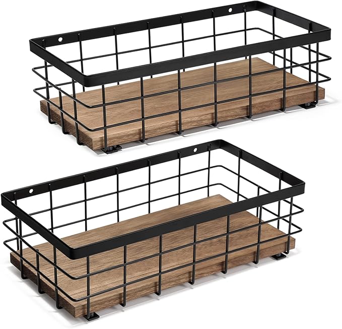 TJ.MOREE Small Metal Wire Basket, Decorative Wood Base Organizer for Bathroom, Kitchen, Basket for Toilet Paper Storage, Suga