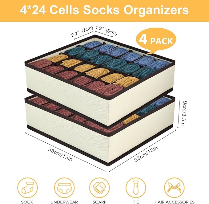 Joyoldelf Sock Drawer Organizer Divider Underwear Organizer 24-cell Fabric Dresser Drawer Organizers Storage Boxes for Socks 