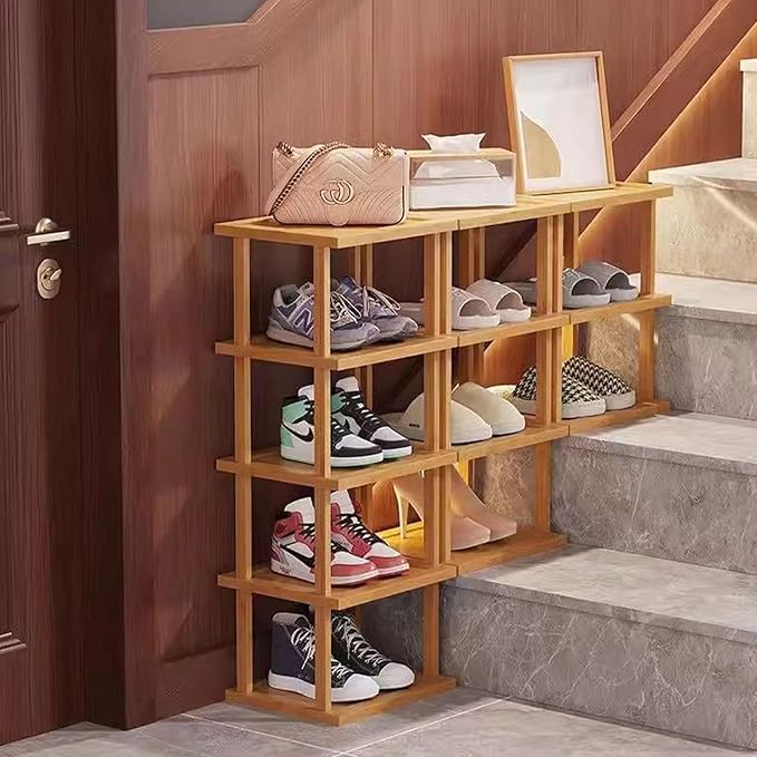 SAN HE Bamboo Shoe Rack 3Tier- Vertical Shoe Rack for Small Spaces, Tall Narrow Shoe Rack Organizer for Closet Entryway Corne