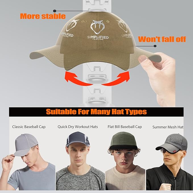 Hat Organizer for Baseball Caps Hold Up to 40 Hats, 2 Pack Hat Rack for Wall, Strong Adhesive Hat Storage Display Holder(Whit