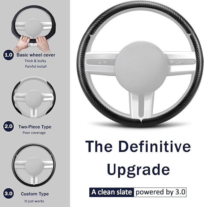 Carbon Fiber Steering Wheel Cover for Ford Mustang 2005-2023, 3 Piece Clip on Set,Carbon Fiber Wrap Anti-Slip Segmented Design,Car Steering Wheel Cover for Men Women（Matte Black