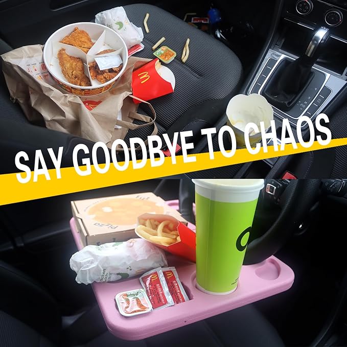 4 in 1 Car Steering Wheel Tray with Dual Sauce Dip Holder and Tablet Holder,Car Table Food Trays for Eating,Driver Desk Fit Most Auto Vehicle Steering Wheels (Pink, Large)