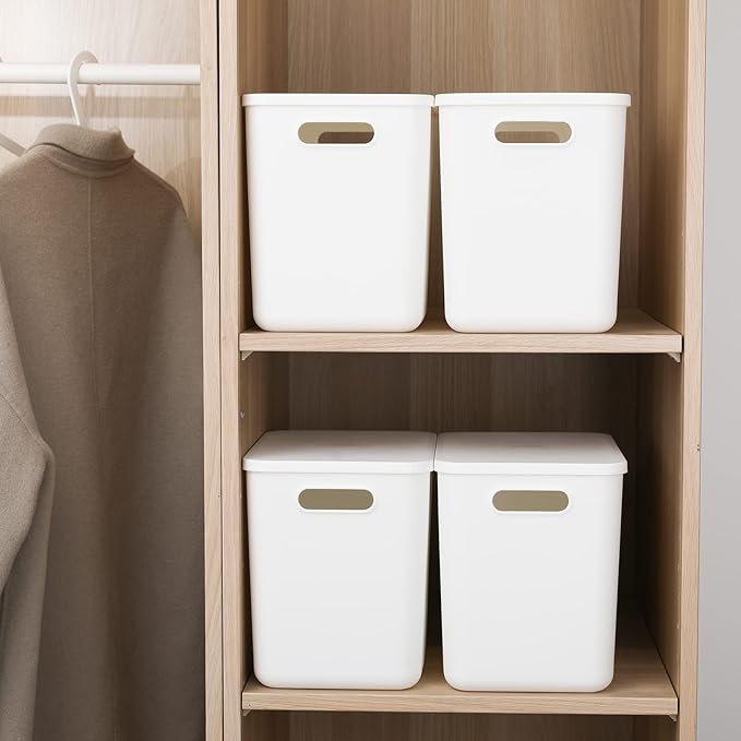 Yishyfier Plastic Storage Baskets Bins Boxes With Lids,Organizing Container White Storage Organizer Bins For Shelves Drawers 
