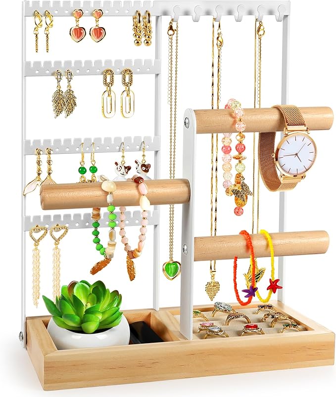 Godboat Jewelry Organizer, 4-Tier Earring Holder Organizer with 48 Holes, 6 Hooks Necklace Rack, Bracelet and Ring Stand with