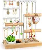 Godboat Jewelry Organizer, 4-Tier Earring Holder Organizer with 48 Holes, 6 Hooks Necklace Rack, Bracelet and Ring Stand with