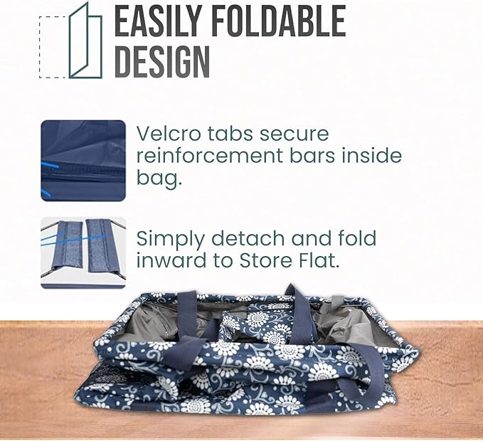 Extra Large Utility Tote Bag - Oversized Collapsible Tote with Wire Frame, Durable Reusable for Beach, Groceries, Laundry, Car Trunk, Storage and Travel - includes 5x7 Bag with Hook - Navy Floral