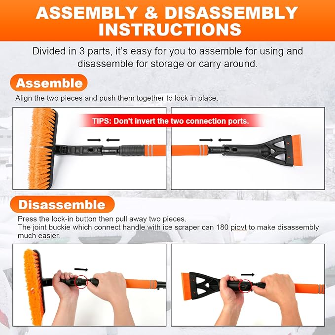 BFONS Ice Scrapers for Car Windshield, 2-in-1 Snow Scraper and Snow Brush for Car SUV Truck, Car Ice Windshield Scraper for Ice and Snow with 360° Pivoting Brush and Ergonomic Foam Grip Orange