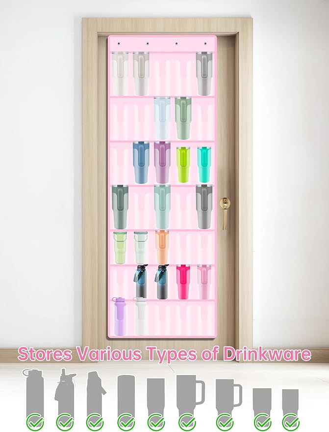 NiHome 35-Pocket Large Capacity Door Cup Organizer Fit for Stanley Tumblers 30oz, 40oz, Door Hanging Water Bottle Storage Dou
