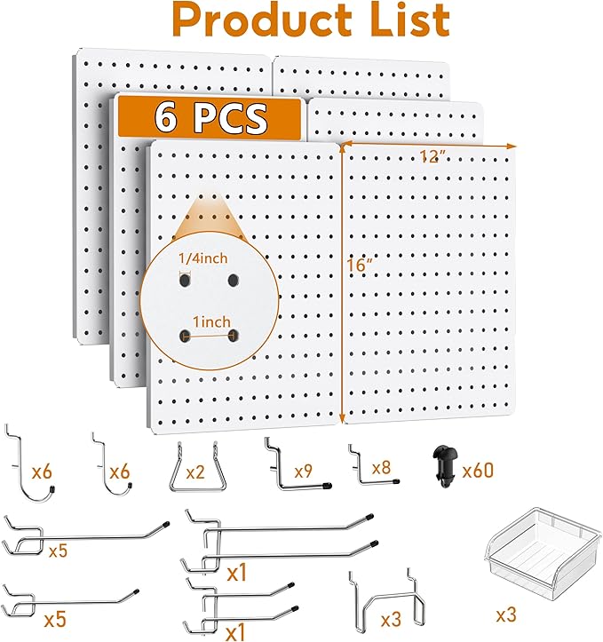 Peg Board, 112pcs Metal PegBoard Organizer with Accessories, 6 Pack 16'' x 12'' White Pegboard Panels with Hooks, Wall Organi