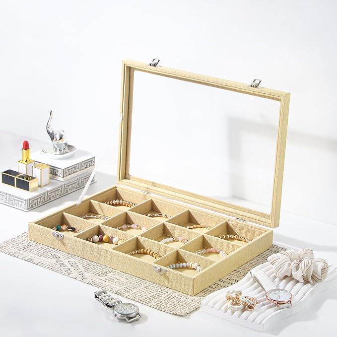 Coward Jewelry Organizer Box, Yellow Linen 12 Grids Bracelet Bangle Necklace Jewelry Display Tray Case with Transparent Glass