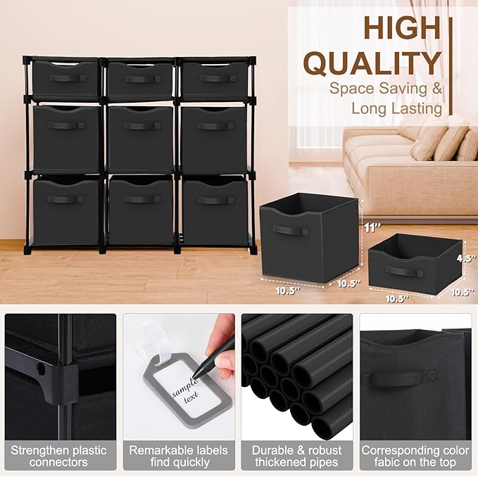 9 Cube Storage Organizer Shelf with Storage Bins and Label, 11 Inch Toy Cube Bins Clothes Closet Organizers Drawers Fabric Dr
