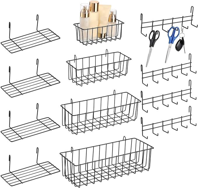 Yaocom 12 Pcs Wall Grid Hanging Basket Shelf Hooks Set bulk Grid Wall Accessories Includes 4 Basket 4 Wire Straight Shelf and
