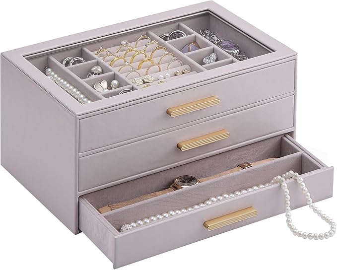 Lolalet Jewelry Box Organizer, 3-Layer Jewelry Organizers and Storage Case with Glass Lid, Ring Earring Bracelet Necklace Hol