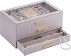 Lolalet Jewelry Box Organizer, 3-Layer Jewelry Organizers and Storage Case with Glass Lid, Ring Earring Bracelet Necklace Hol