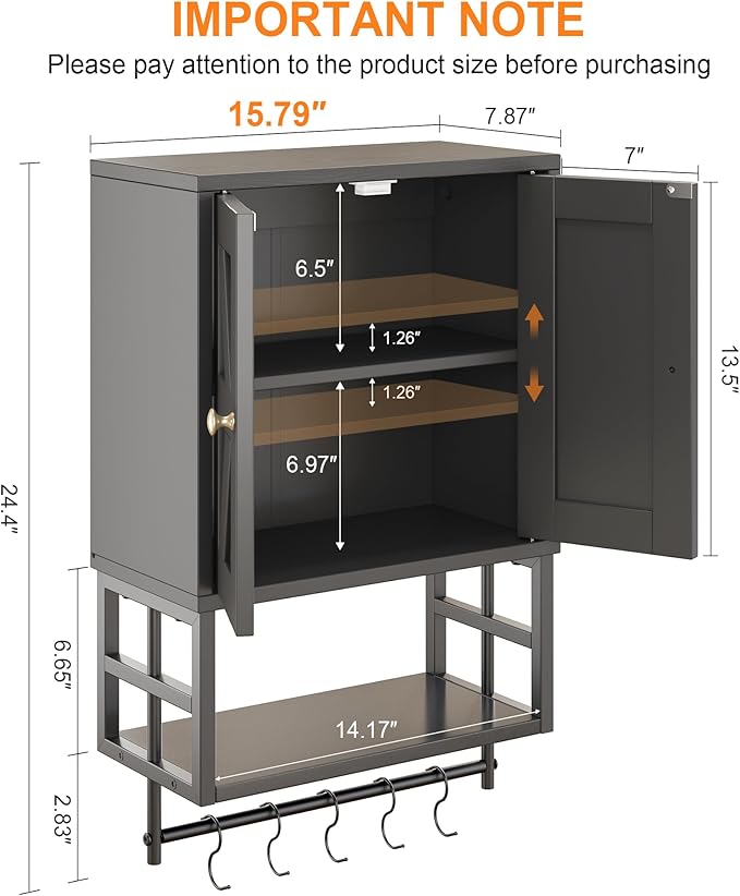 Farmhouse Medicine Cabinet - 3-Tier Wall Mounted Storage Organizer with Adjustable Shelves, Towel Bar, 5 Hooks for Small Bath