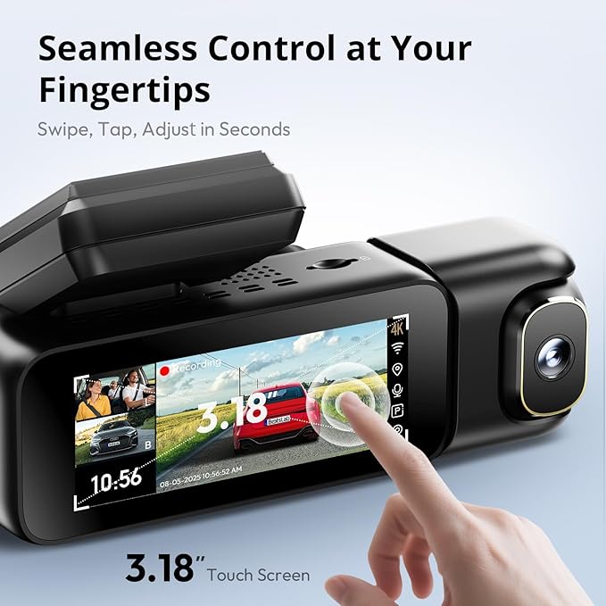 BOTSLAB 3 Channel Dash Cam 4K with 128GB Card, 3.18" Touch Screen, Voice Control, 4K Dash Cam Front and Rear Inside Loop Reco